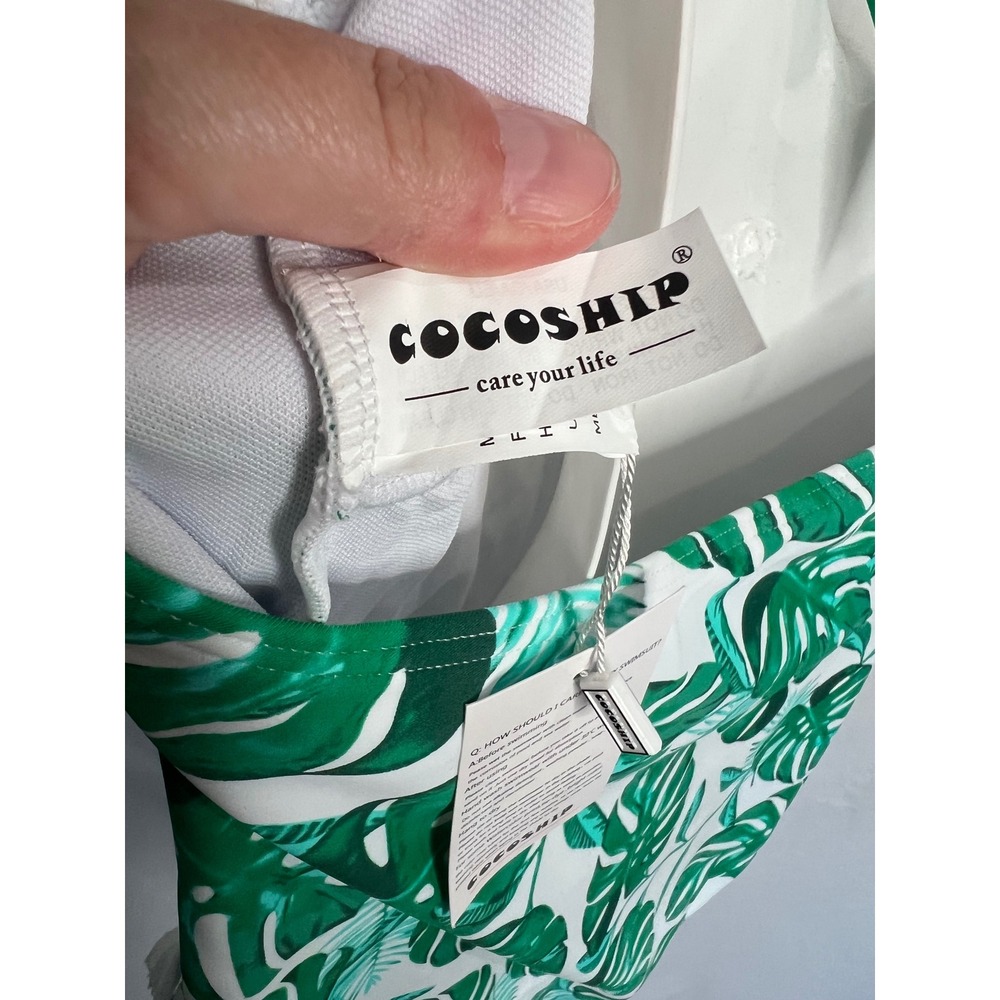 NWT Cocoship Green White Tropical Palm Print Halter Tassels Swimsuit Size 16 - Picture 8 of 10